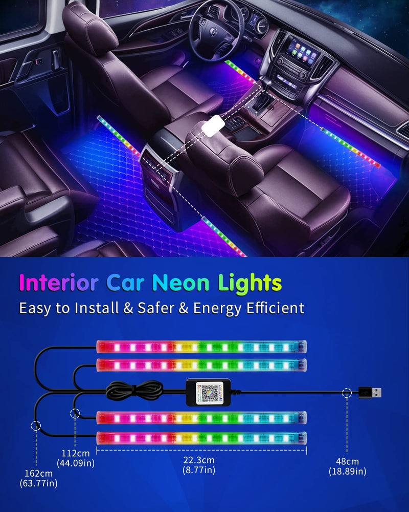 RGB Interior Car Strip Lights with Smart APP Control, Music Sync Under Dash Footwell Neon Internal Lighting Kit Multicolor,12V LED Strip Lights for Cars, Trucks, SUVs with Car Charger(1 Set) 1IN4 Interior Lights 48SMD(4 Lines Design)