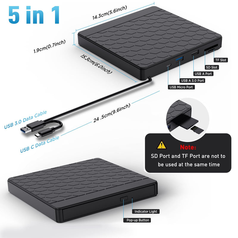 External CD DVD Drive for Laptop, CD Burner with TF/SD Card Slots, DVD Player for Laptop, USB CD DVD Drive External CD Reader Compatible with Laptop PC Desktop Windows 11/10/8.1/7 Linux Mac OS
