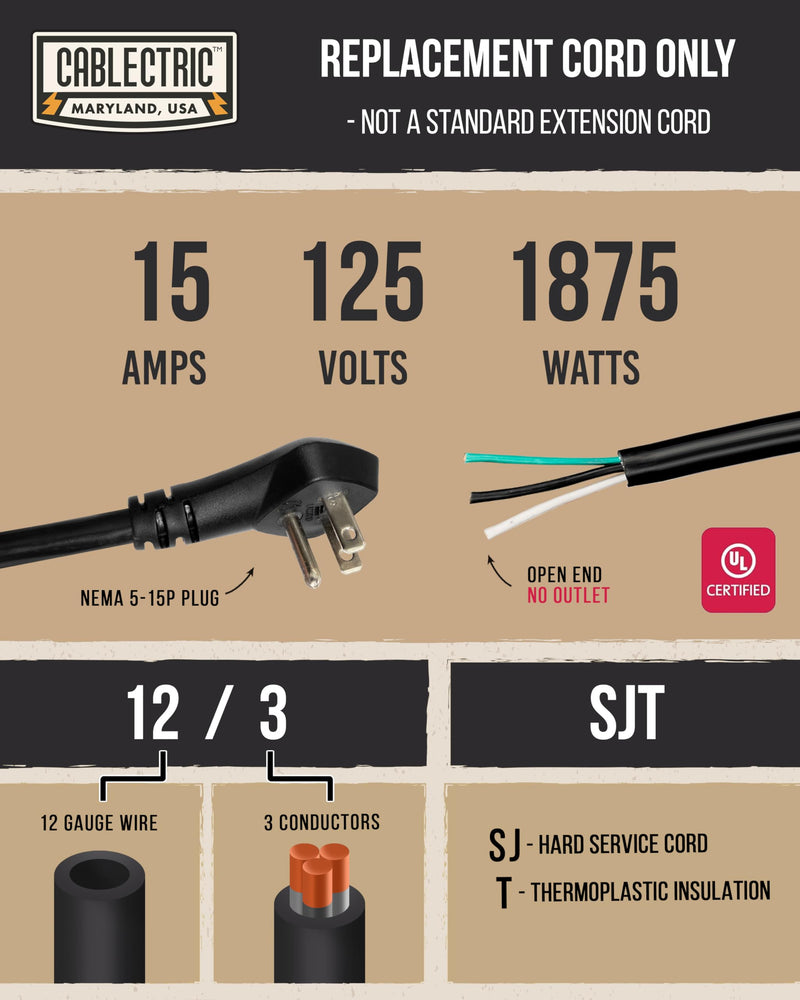 Flat Plug 12 Gauge Power Cord Replacement 8 ft,15 Amp Black Heavy Duty, 12/3 SJT 3 Prong Cable with Open End - Replacement Power Cord for Appliances & Power Tools 8 Foot
