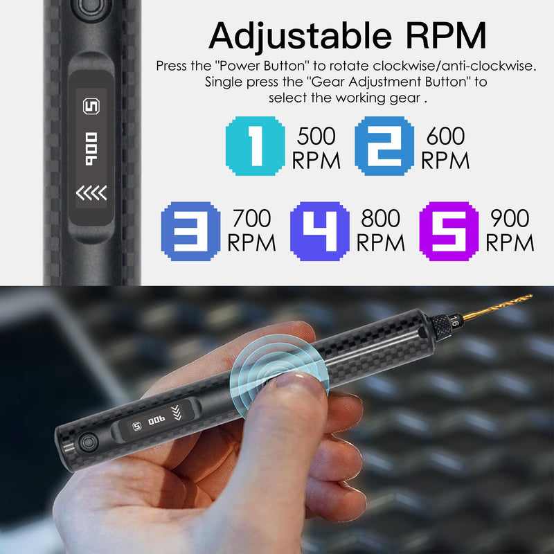 ARROWSPACE Mini Electric Drill, Smart Precision Hand Drill with OLED Display, Carbon Fiber Body, 5-Speed 900RPM High Torque, 10 HSS Bits for Resin, Jewelry Making, Wood, DIY, Black