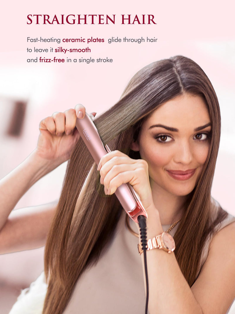 LANDOT Hair Straighteners and Curlers in One Ceramic Curved Twist Flat Iron | Multi Styler, Straighten Curl Wave, Tourmaline Ionic Smooth Glide, Anti-Frizz, 12 Temps 120-230°C, All Hair Types, Fast Heat Rose Gold