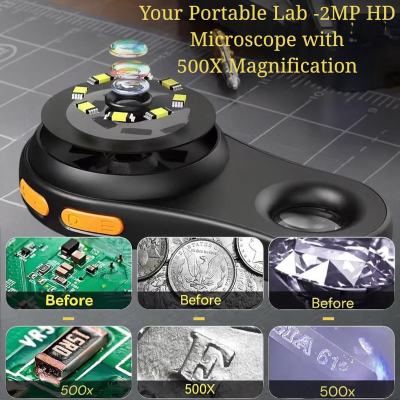 Digital Microscope 500x with 2.0" IPS Screen, Magnifying Glass, Coin Microscope, Trichome Microscope, USB Connection, Ideal for Electronics, Jewelry and Kids