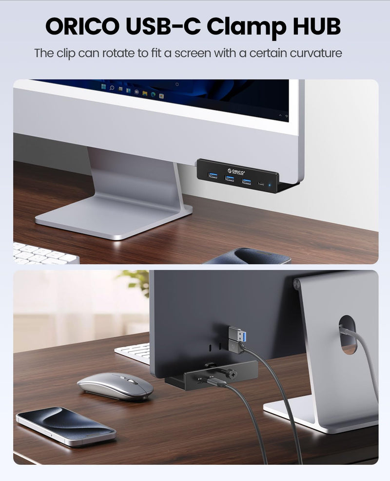 ORICO USB Hub 3.0, Clamp USB Hub with Extra Power Supply Port, Aluminum 4-Port USB Adapter with 3 USB-A Data Ports, USB-C Port for Monitors, Desks (Black) Black