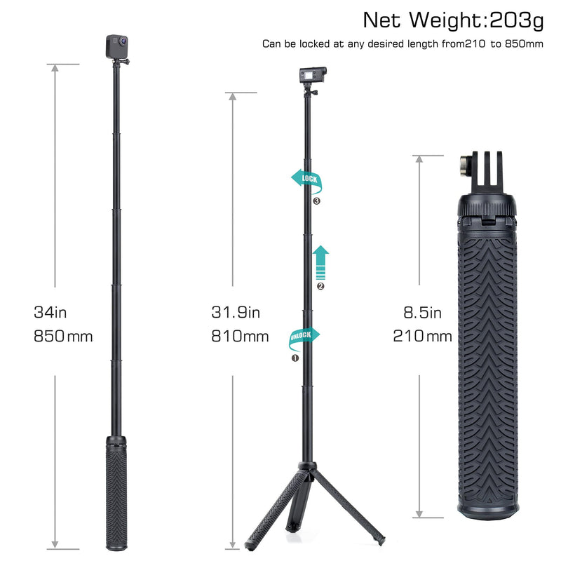  [AUSTRALIA] - 34''Waterproof Selfie Stick Underwater Tripod Pole Monopod for Phone GoPro Hero 12 11 10 9 8 7 6 5 4, Fusion, AKASO,SJCAM,DJI Action Digital Cameras(3-in-1: Hand Grip,Selfie Stick,Tripod Stand) 34''Extendable Tripod
