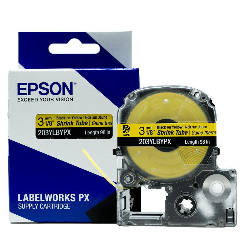 Epson LABELWORKS 203YLBYPX Tape Cartridge - Black on Yellow Shrink Tube Industrial Label Maker Tape - AWG 16-22, 1/8" (3MM) Wide, 8 ft (98") 3MM(16-22AWG)