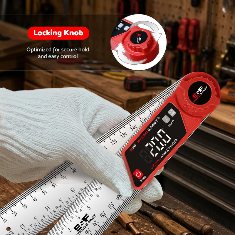 S&F STEAD & FAST Digital Angle Finder with Miter Button, 7 Inch / 200 mm | Secure lock knob, XL LED Display, Stainless steel arms, High-precision, Versatile protractor, for Miter saw & Crown molding Red