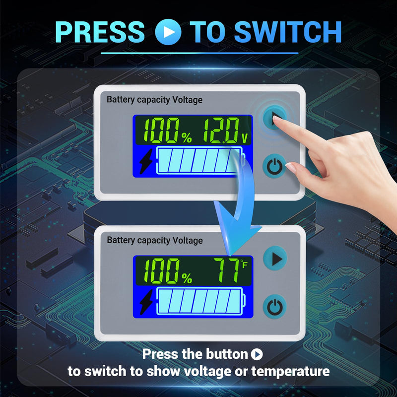 DROK RV Battery Monitor 12V - Golf Cart Battery Meter 10-100V, Digital Voltmeter Temperature Gauge for Car Marine DIY Project Grey 12V/30cm Wire