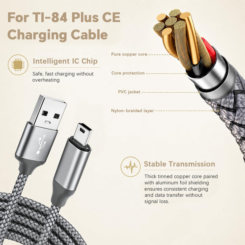 TI-84 Plus CE Charger Cable for Texas Instruments Calculator | 5ft TI-84 Plus CE Data Power Charging Cord, Compatible with TI-Nspire CX II CAS C Silver Edition TI89 Charger Cable