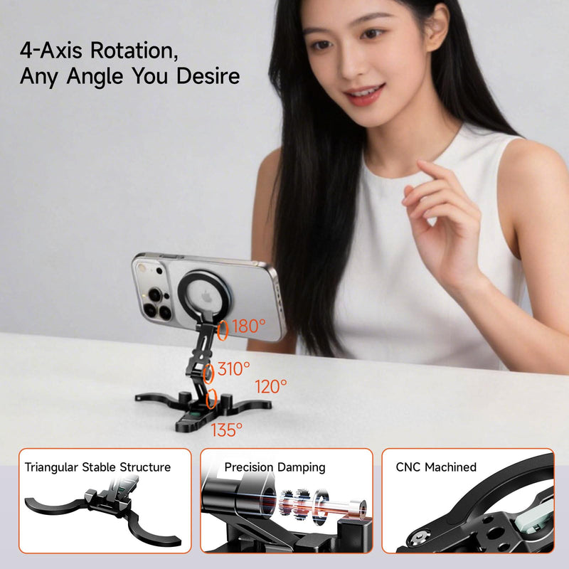 COBONE XJ-30 MagSafe Compatible Magnetic Phone Tripod, Aluminum 0.63" Slim 2.54oz Lightweight Foldable Stand with 1/4" Screw & Hook, Dual-Sided Magnet, for iPhone 17-12 & Android (Black) Black