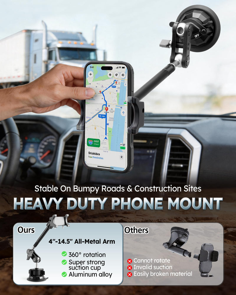 Semi Truck Phone Mount for Drivers, 360° Anti-Shake with Extension Rod | Class 8 Cab Suction Mount, Ultra-durable Metal, Fits Most Smartphones or Kenworth, Peterbilt, Freightliner Extended black