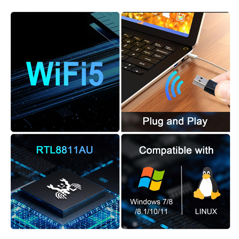 JAPOO RTL8811AU WiFi Wireless USB WiFi Adapter for Desktop PC and Laptop,600Mbps High Gain Dual Band 3.5dBi Antenna 5.8G/2.4G WiFi Adapter,Supports Win7/8/8.1/10/Linux (with Antenna) W58L-600M