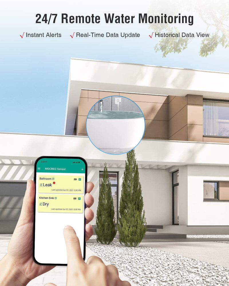 MOCREO SW2 Water Leak Detector Sensor with 95dB Alarm, No Subscription Fee, Home Wireless Flood Monitor for Basement, Laundry, Pipe Leakage, Sink Overflow(MOCREO Hub Required)