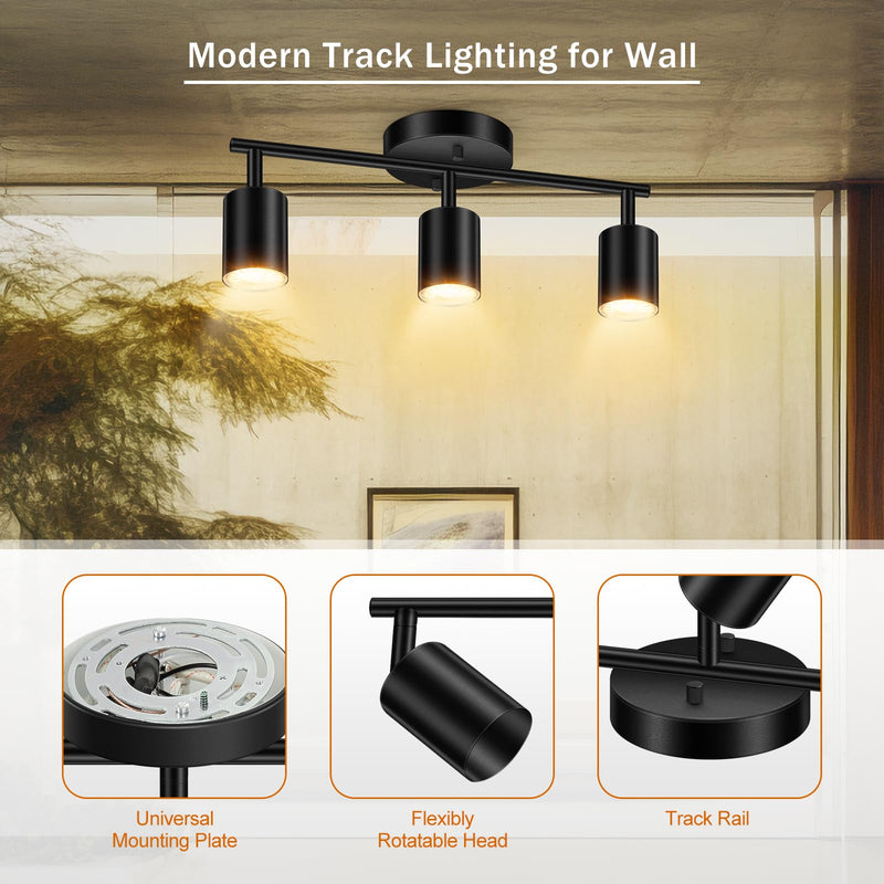 LED Track Lighting Fixtures Ceiling, Black 3-Light Track Lights for Kitchen, 3 Way Ceiling Spotlight, Flexibly Rotatable Wall Mount Light Head for Bedroom Hallway, Bulb Not Included 3-Light Track Lighting