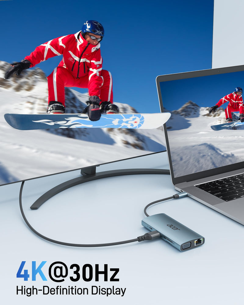 Acer USB C Hub with 4K HDMI, 9-in-1 Laptop Docking Station with 1080P VGA | USB C to Ethernet Adapter with 5Gbps 3×USB-A Data Transfer, 100W Max PD Port, SD/TF Card Reader for MacBook, Acer, 0.65ft