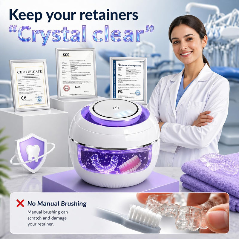 Ultrasonic Retainer Cleaner Machine with 3 Retainer Cleaning Tablets - 45kHz Dental Cleaning Pod with 2 Modes, Deep Cleaning Ultrasonic Cleaner for Dentures, Aligners, Mouth Guards