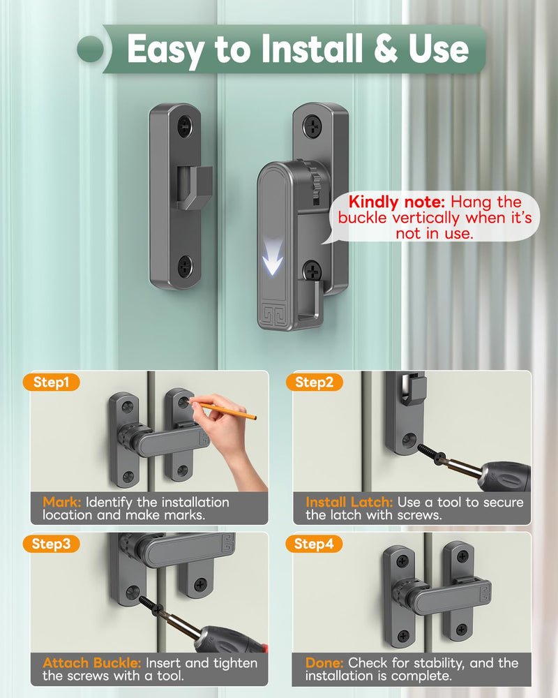 Adjustable Barn Door Locks, 90/180 Degree Sliding Door Latch, Protect Home Security Gate Latch for Bedroom, Barn, Cabinet, Garden, Fence (Grey-2 Pcs) Grey-2 Pcs