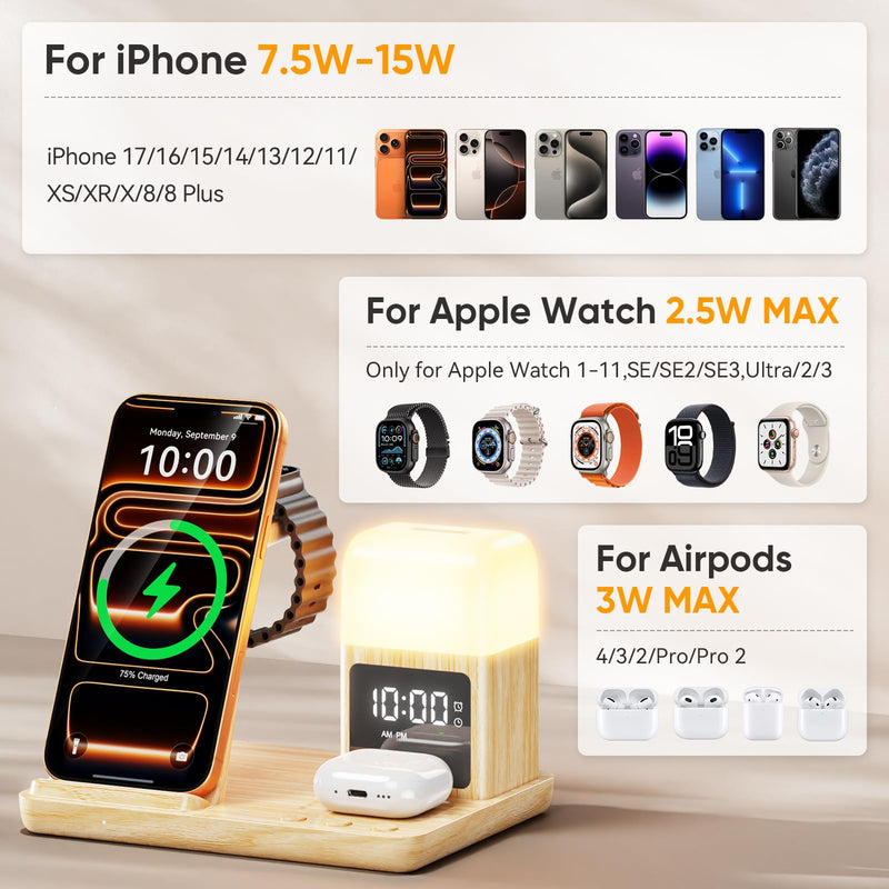 6 in 1 Wireless Charging Station with Clock & Night Light，Alarm Clocks for Bedrooms,Wireless Charger Stand with Beside Clock for iPhone 17/16/15/14/13/12 Pro Max, Apple Watch,Airpods (Wood) Wood
