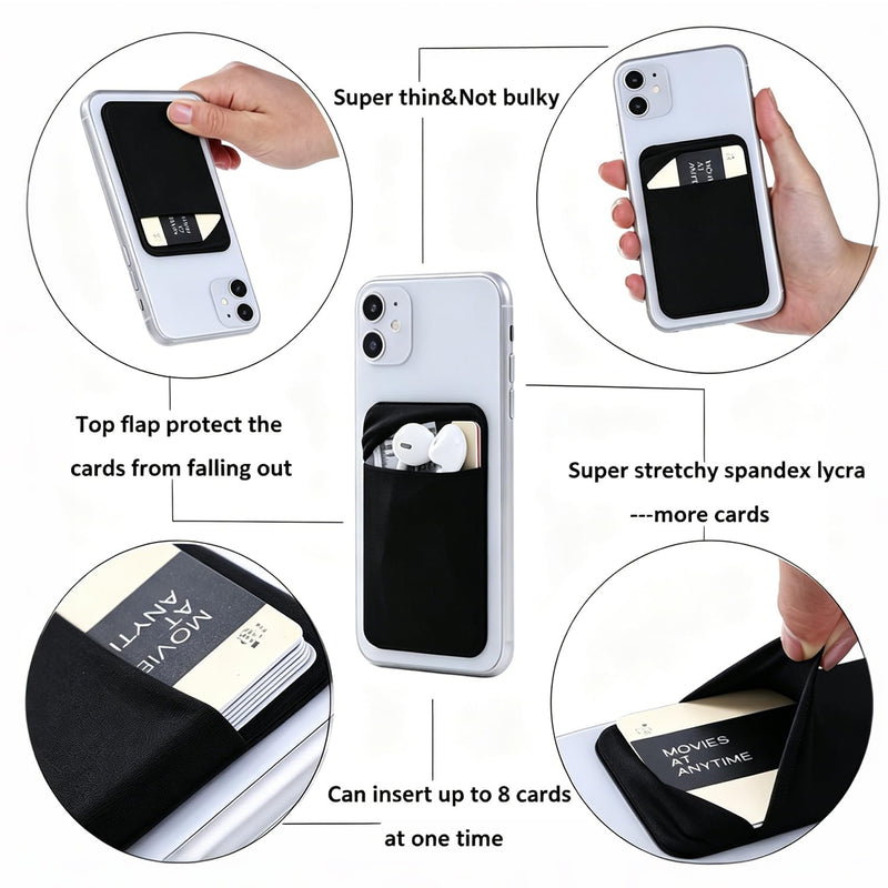 3Pack Cell Phone Card Holder Pocket Sticker Stretchy Cloth for Back of Phone with Flap Credit/ID Card Sleeve Adhesive Stick on Wallet for iPhone,Android All Smartphones (3Black) 3Black