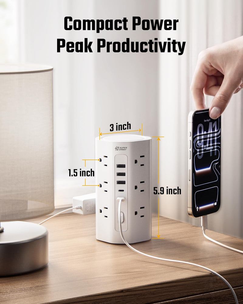 SUPERDANNY Tower Power Strip, 10Ft Extension Cord, 1700J, 12 AC 5 USB,White | 3 USB A, 2 USB C, Surge Protector Power Tower, Flat Plug, Desk Charging Station with Multiple Outlets, Home Office Dorm Room White 10 FT