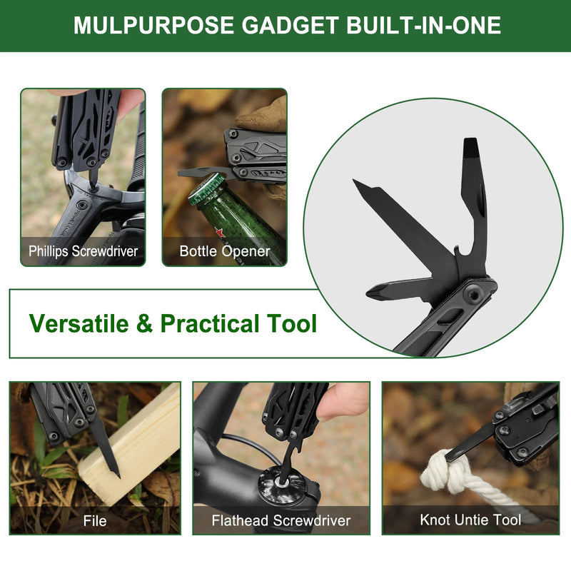 NexTool Multitool, 11 in 1 Multi Tool with Needle Nose Pliers, Scissors and Screwdriver Bits, Stainless Steel Multi Tool Pocket Knife with Safety Locking for Camping,Fishing,Hiking, Mens Gifts Unique Full Size Black Knight Pliers