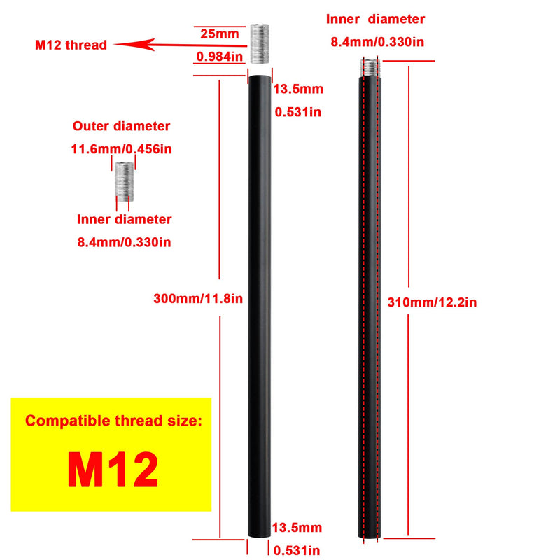 N//A HALIGATE Matte Black M12 Threaded Extension Rod for Pendant Light, Island Lighting, Chandeliers,Lighting Fixture Downrods & Stems,12 Inches