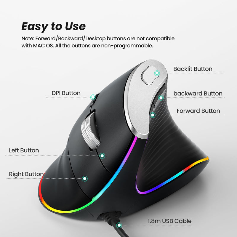 Nulea M504 Wired Vertical Mouse, USB Optical Ergonomic Mouse Wired with 4 Adjustable DPI, 11 RGB Backlight Modes, Compatible for Laptop, PC, Desktop, Mac, Black B-Black