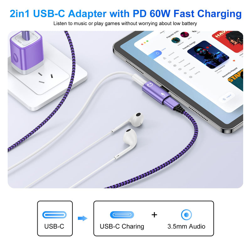 USB C to 3.5mm Audio Adapter 2 in 1 Type-C to Aux Headphone Hi-Res Adapter | with 60W Fast Charger for iPhone 17e/17 Pro Max/16e/16/15 Pro Max/Samsung Galaxy S26 Ultra/S25/S24/S23/S22/S21/S20/A17/A16 Purple
