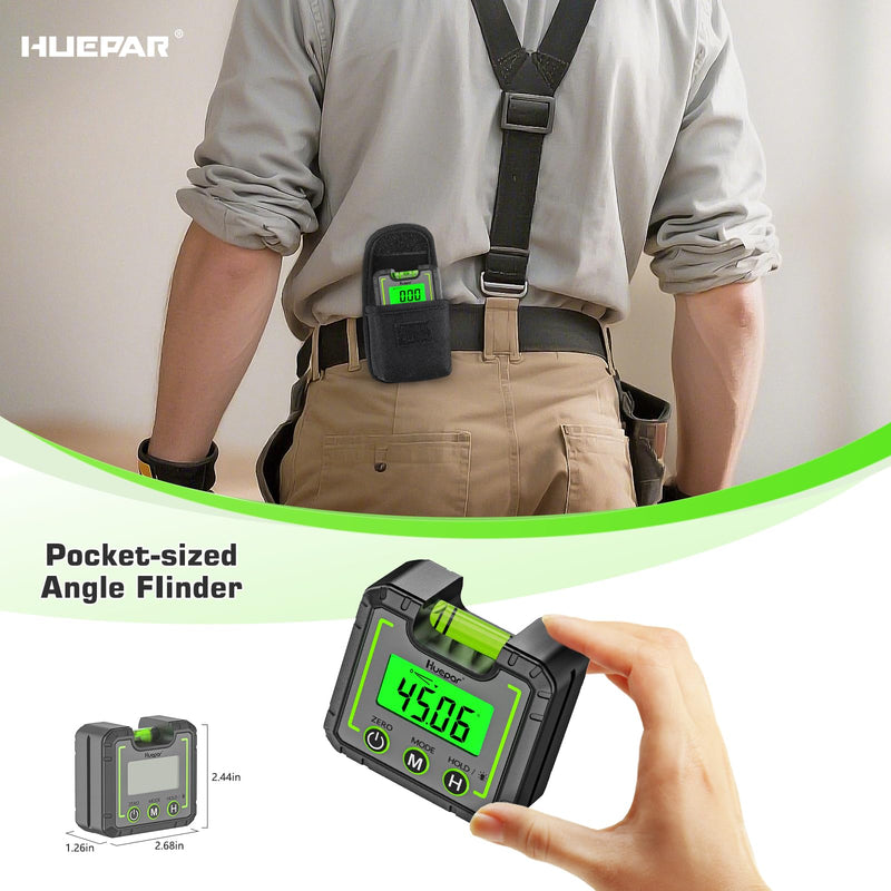 Huepar Digital Level Angle Gauge Mini Angle Finder Level Box with V-Groove Magnetic Base&Backlit LCD Bevel Gauge Inclinometer for Carpentry,Building, Automobile, Masonry - 0~360° Fast Measurement AG01