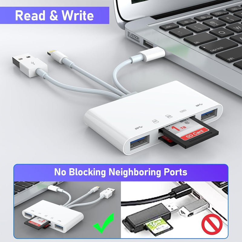 5-in-1 SD Card Reader for iPhone with USB-C, USB-A & OTG Adapter | Lightning, USB-C & USB-A Card Reader with SD/TF Slots, USB Port and Charging for iPhone, iPad, Android, MacBook & PC White