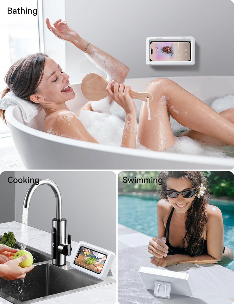 JOYROOM Shower Phone Holder Waterproof, [480° Rotation Adjustable] Phone Case Holder, Anti-Fog Wall Phone Mount Stand Cover for Bathroom Bathtub Kitchen, Shower Accessories Essentials for 4-7" Phones