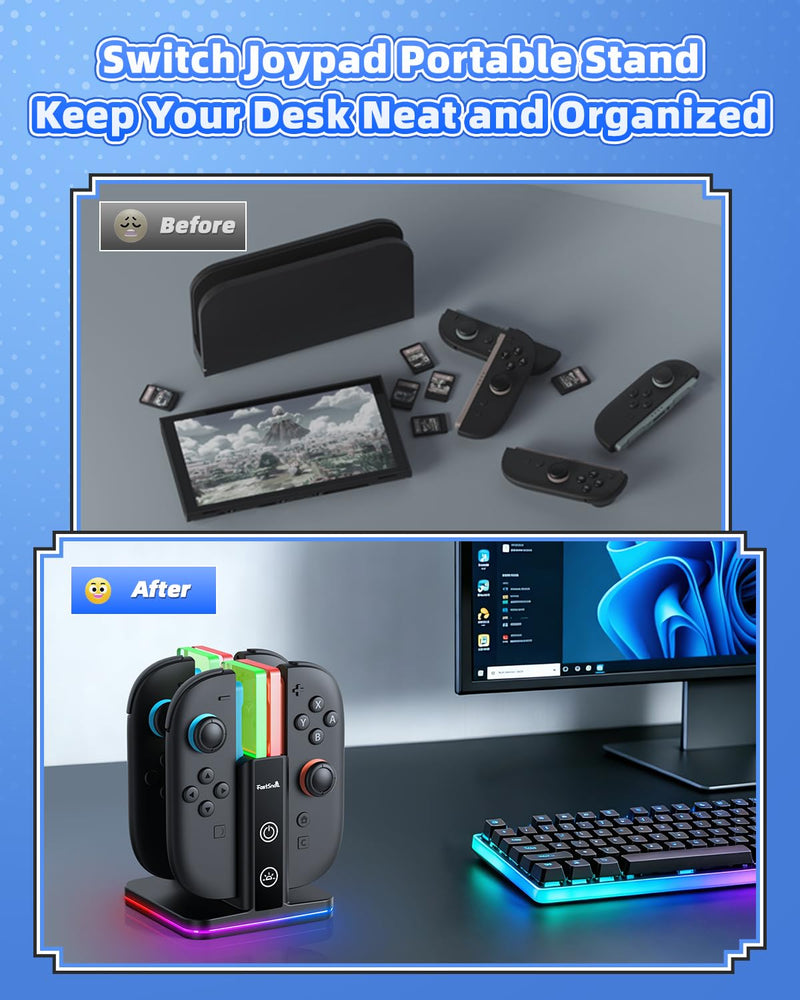 FASTSNAIL Switch Controller Charger for Nintendo Switch 2/1/OLED for Joycon | 8 in 1 Fast Controller Charging Dock, Dual-Direction Magnetic Charger Station Stand, 9 RGB Light for Joycon 2/1 Accessories Carbon Black 6.2/7.0/7.9 inch