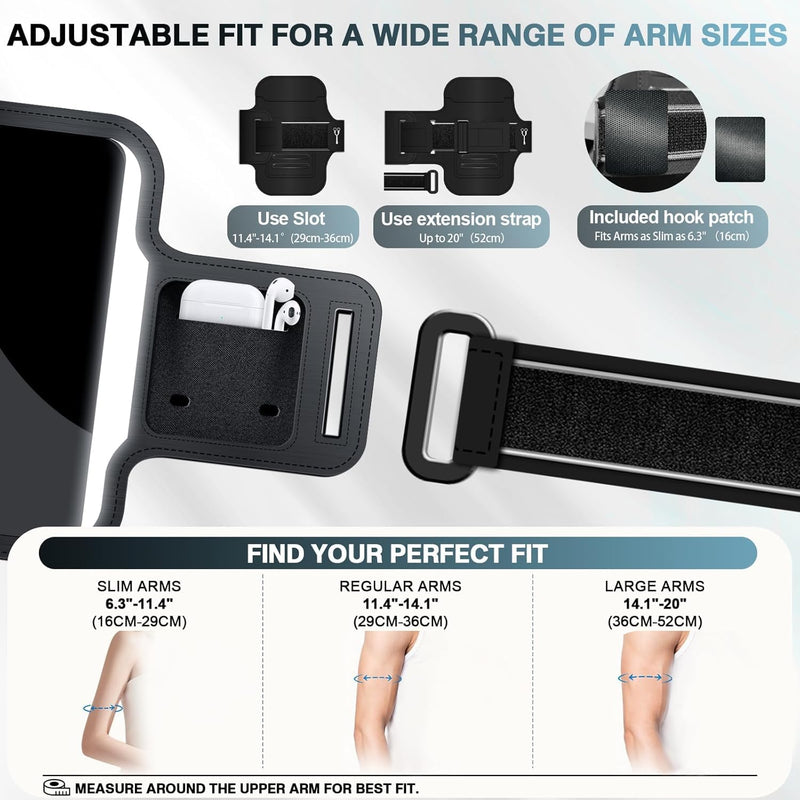 PORTHOLIC Running Armband Phone Holder with Earphone Pouch Fits up to 6.9" | Cell Phone Arm Bands for Runners Workout with Card Slot & Extension Strap for iPhone 17/16/15/14/13 Plus Air Pro Max XR/XS Black(Up to 6.9'')