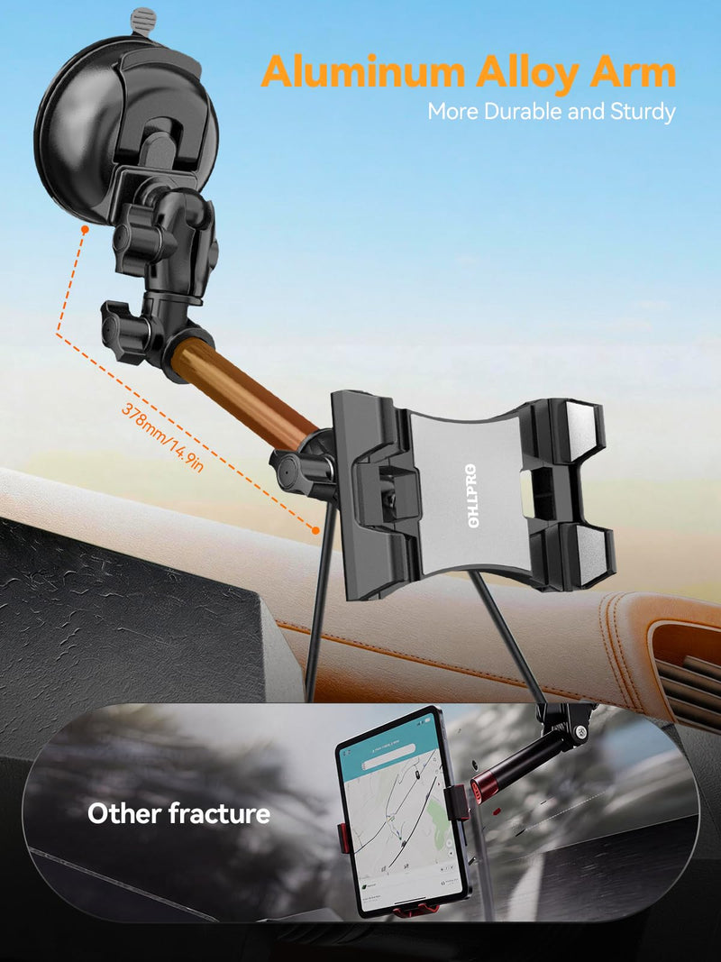OHLPRO Heavy Duty Tablet Holder for Car Windshield, 90mm Large Suction Cup Mount, 360° Rotating Aluminum Arm iPad Holder for Truck, SUV, Semi & Boat, Fits 4.7–13" iPad Pro/Air/Mini, Galaxy Tab For 4.7-13" Device