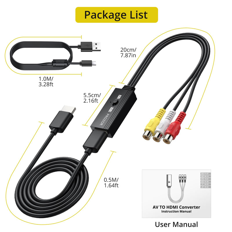 PROZOR RCA to HDMI Converter - 4:3/16:9 Switch, AV to HDMI Adapter for TV | Composite CVBS Video Audio Converter for PS1/PS2/N64/Wii/Xbox/VCR/VHS/DVD, Supports PAL/NTSC, 1.5ft Female Cable Plug & Play