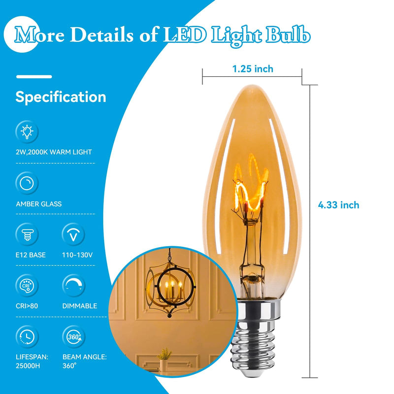Amber Candelabra Bulb 25W Equivalent, 2W Ultra-Fine Filament E12 Base Candelabra LED Light Bulb, Dimmable Amber LED Bulbs 2000k Soft Warm 200 Lumen, Candle Chandelier Bulbs,12Pack Candle 2w=25w 2000k Soft Yellow 12 Count (Pack of 1)