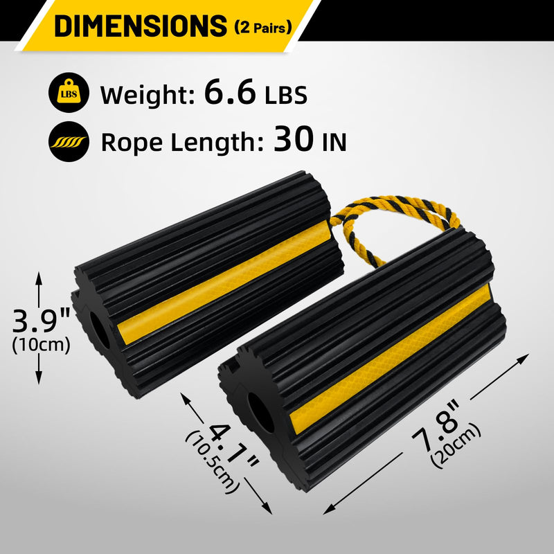 ROBLOCK 2 Pairs Wheel Chocks Heavy-Duty Rubber Wheel Block Non-Slip Base with Nylon Rope Yellow Reflective Tape - 4 Pack Wheel Stopper for Travel Trailers, Car, Camper, Truck, Black 4pack