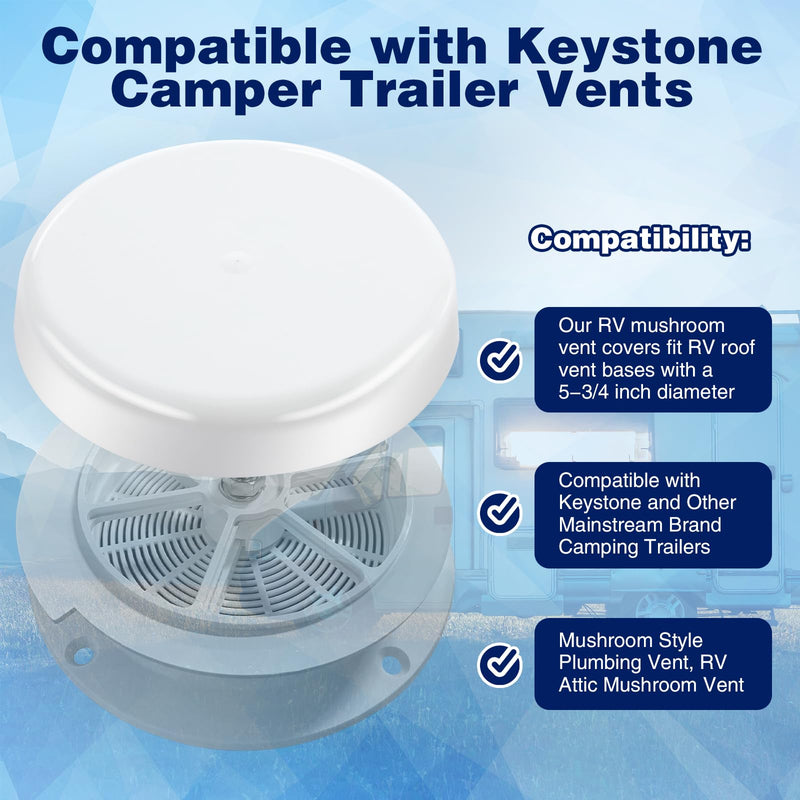 2 Pack RV Mushroom Vent Cap Compatible with Keystone Camper Trailer, RV Mushroom Roof Vent, Motorhome Water Guard for Vehicle Plumbing Ventilator Cap (Fan Base Not Included) (White) 2 White