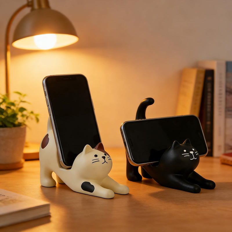 Phone Holder Stand for Desk, Cute Cell Phone Mount for Office Tablet Accessories Gifts, Cool Desktop Decor Gadgets to Support Your Cellphone for Men Women Boys Girls - Black Cat Kawaii