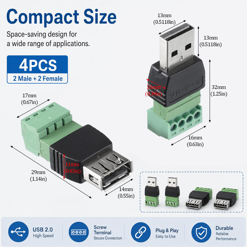4-Pack Solderless USB 2.0 Type A Male/Female to 4 Pin Screw Terminal Block | DIY Electronics Projects, Repair & Power