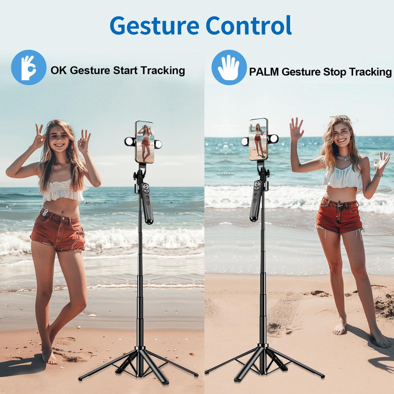 Auto face tracking tripod 360 rotation,70" Expandable selfie stick tripod,face body tracking phone tripod selfie stick, with fill light auto tracking tripod,Remote & Gesture Control tripod