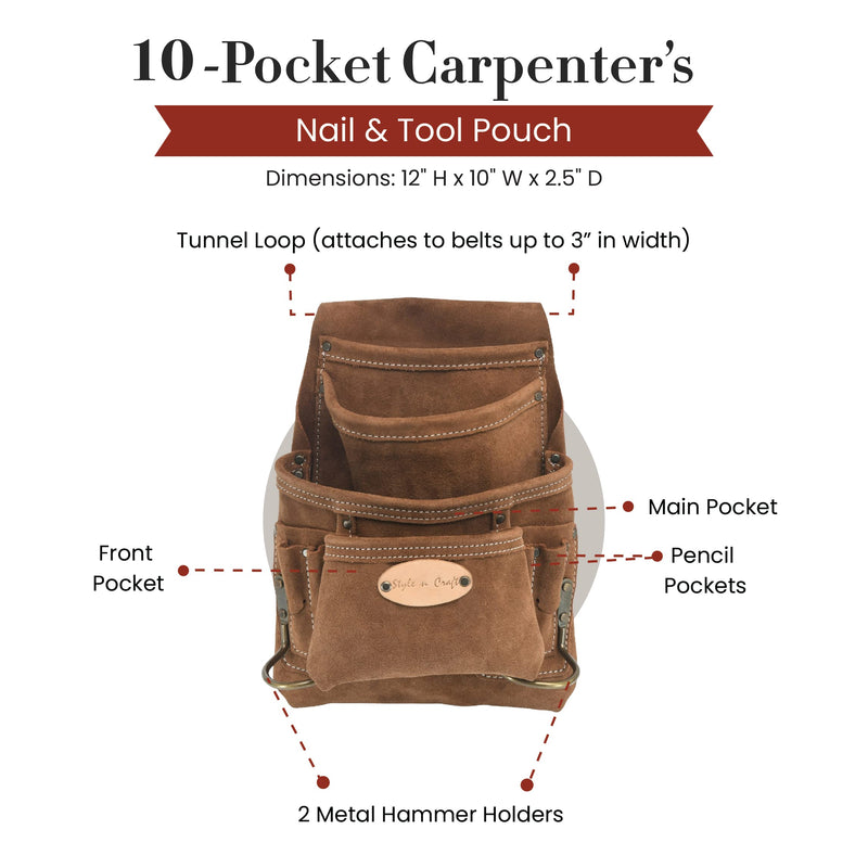 Style n Craft 10-Pocket Carpenter’s Nail and Tool Pouch, Heavy-Duty Suede Leather Pouch, Dark Tan (88923) Dark Tan - Standard