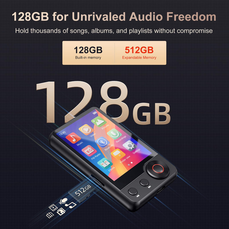 MECHEN D53 128GB Bluetooth MP3 Player 2.4" Touch Screen Black | Voice Recorder, FM Radio, HiFi Speaker, Supports 512GB SD Card, Compact Design