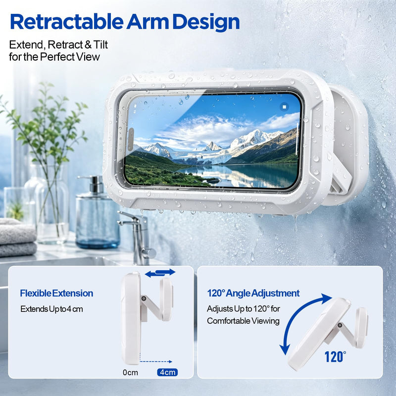 AgePlace Shower Phone Holder Waterproof, 480° Rotatable & Retractable Wall Mount Phone Holder for Shower, Anti-Fog Touchscreen Bathroom Phone Holder with Adhesive No-Drill Mount, Fits 4–6.7" Phones WHITE