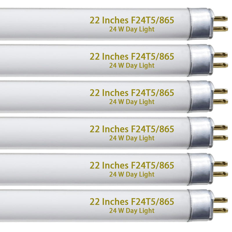 F24T5/865 6 Pack 22 Inch T5 Fluorescent Grow Light Bulbs, 24W 6500K Full Spectrum, 2000 Lumens, High Output (HO) Bulbs for Indoor Plants, Seedlings, Veg Growing, Sunlight White, Energy Efficient 24.0
