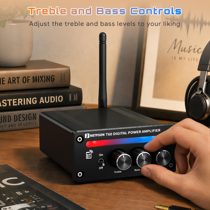 T60A Bluetooth Stereo Amplifier 100W×2 RMS 2CH Receiver | Bluetooth AmpIDual ChipTPA3116 Amp with Bass Treble KnobI 2 Channel Amp with Bluetoothfor Bookshelf, Ceiling, Garage
