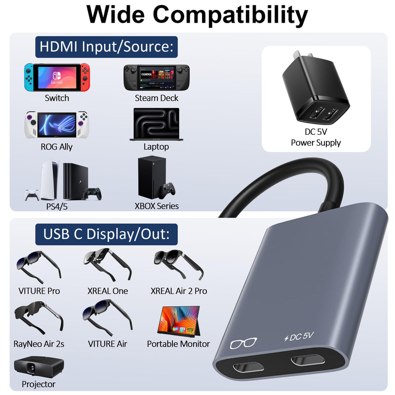 AR Glasses HDMI to USB C Adapter 4K@60Hz, XR Converter with Play & Charge for XREAL One/Air 2 Pro, VITURE Pro, RayNeo Air 2s, Rokid Max, Switch 2/1, Steam Deck, PS5/4, Xbox, ROG Ally, Portable Monitor