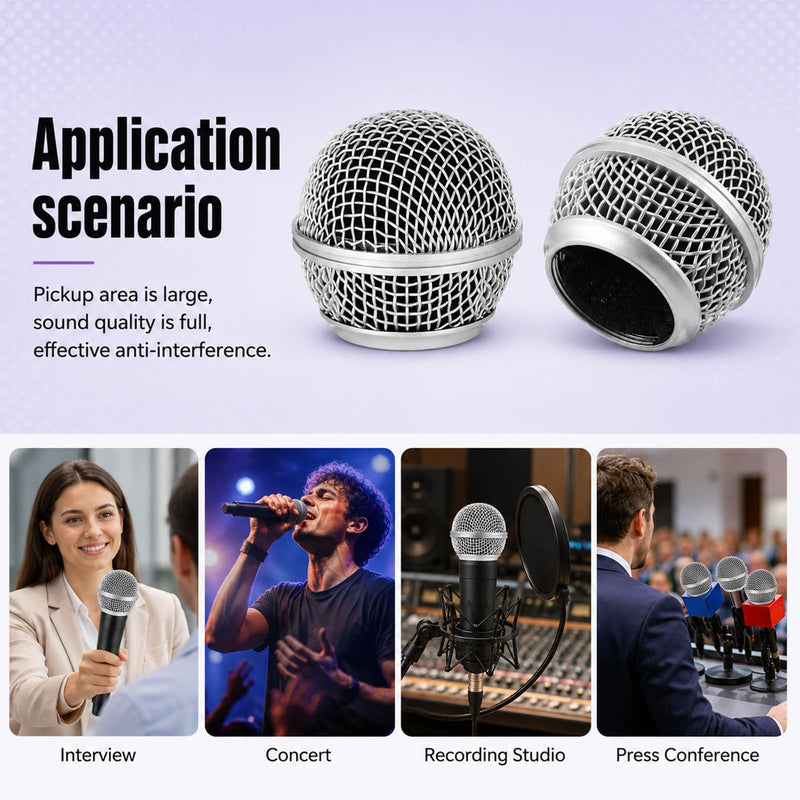 Microphone Head Replacement, Silver, 4 Pack with Black Inner Covers | Microphone Mesh Grill, Compatible with SM58, For Studio and Live Performances
