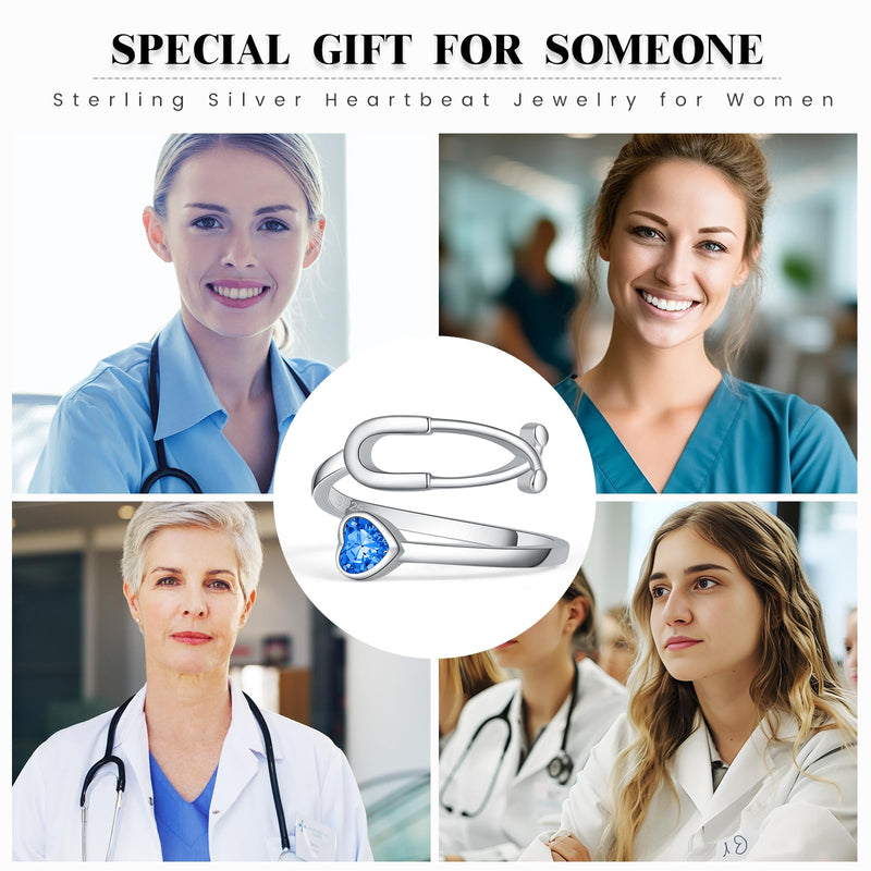 BEILIN Stethoscope Birthstone Rings for Women 925 Sterling Silver Adjustable Heartbeat Ring Nurse Doctor Jewelry Graduation Gifts for Medical Student September