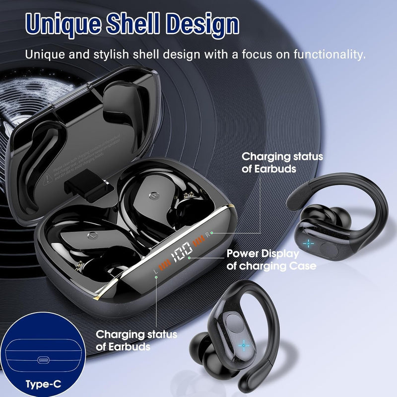 75H Sports Wireless Earbuds Bluetooth 5.4 Headphones Stereo Deep Bass,Black | Over Ear Buds with Earhooks, LED Display Bluetooth Earbuds with 4 ENC Mic, IP7 Waterproof Earphone for Running Black