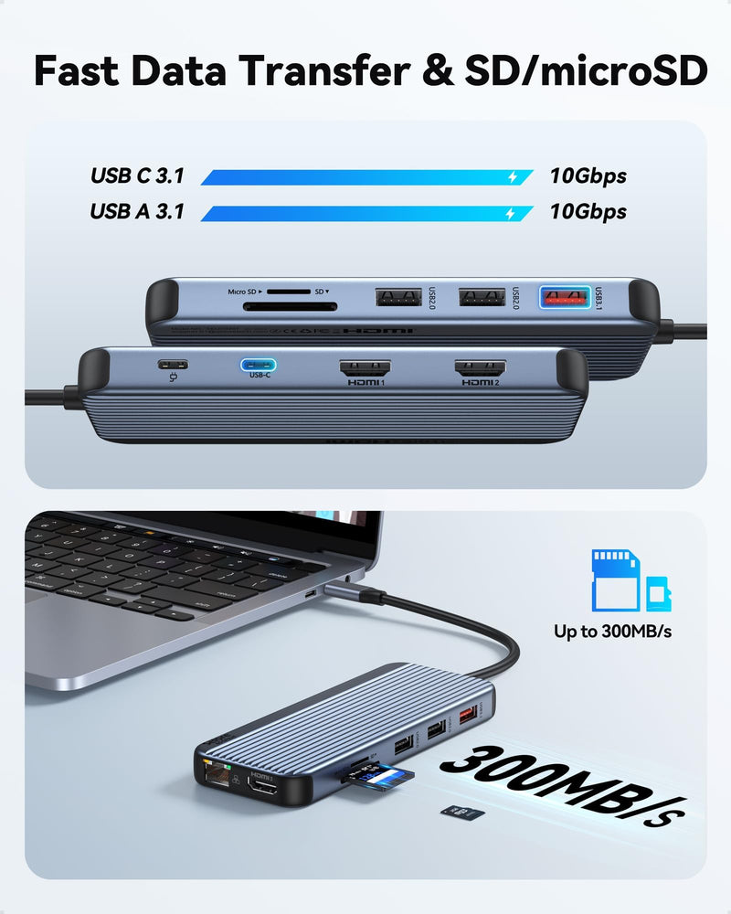 USB C Docking Station 3 HDMI Selore Laptop Docking Station 3 Monitors | Triple HDMI,10Gbps USB A/C 3.1,USB 2.0,100W PD Charging, Gigabit Ethernet, Audio Mic,SD/microSD Card Slot,for Windows Laptops 12-in-1 3 HDMI